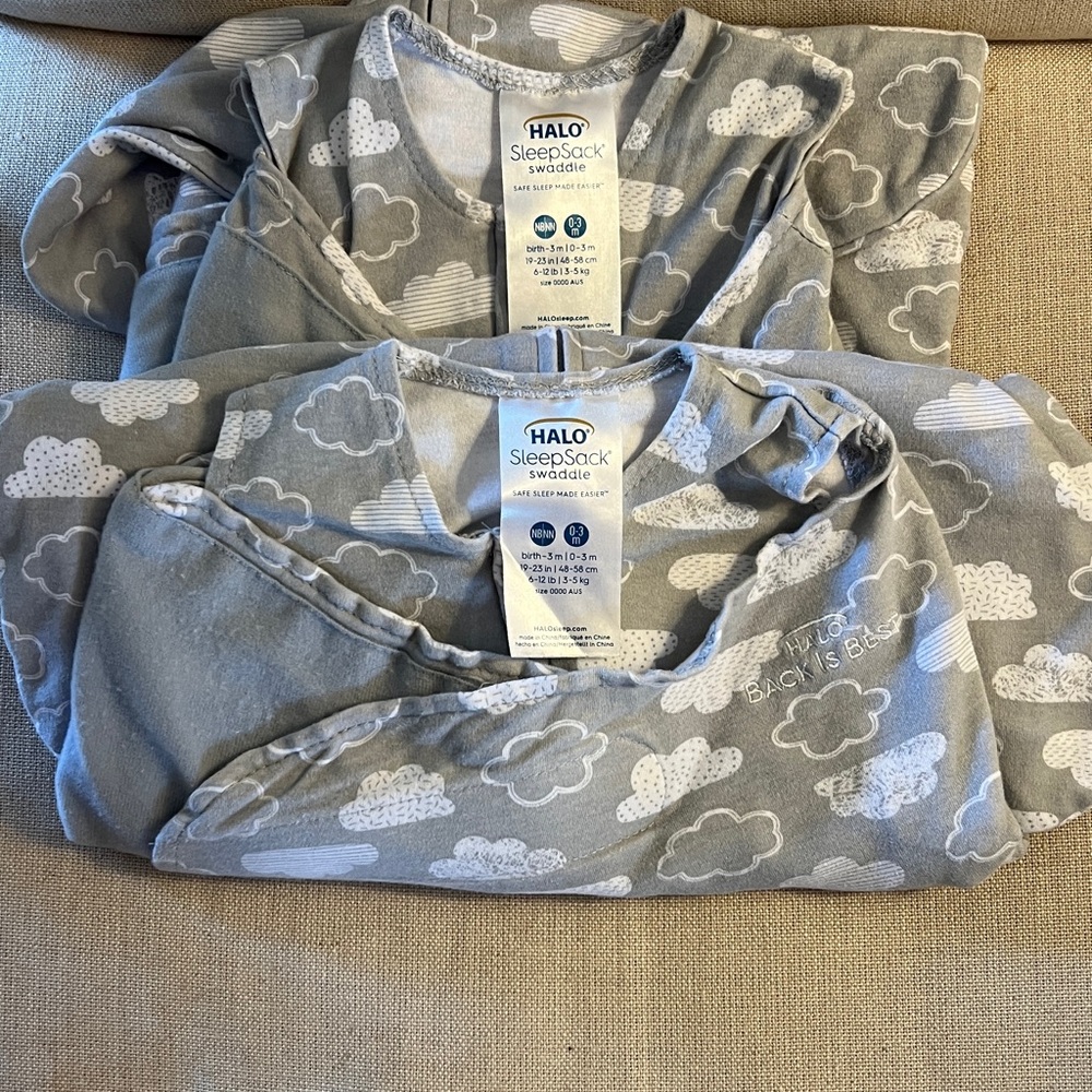 2 HALO Sleep Sack Swaddle- grey and white clouds